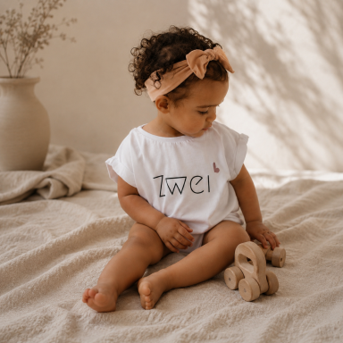 Oversize Geburtstagshirt Weiß für Babys und Kinder. Kind trägt ein weißes Oversize Geburtstagsshirt mit geplottetem Schriftzug.