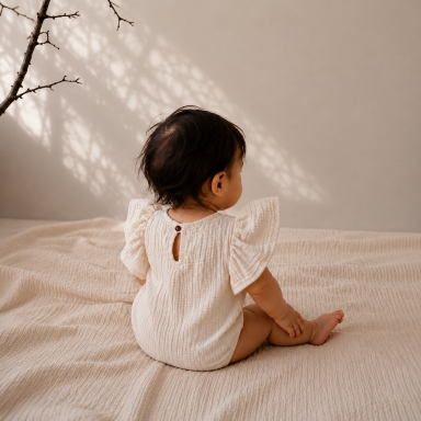 Musselin Romper für Bays und Kinder. Baby im Musselin Romper mit Rüschenärmeln von hinten.