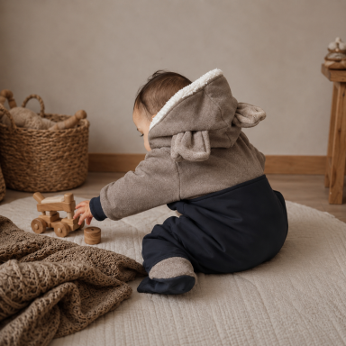 Wollwalk Overall für Babys- und Kinder Baby im Wollwalk Overall mit Bären Ohren Kapuze beim Spielen im Kinderzimmer.