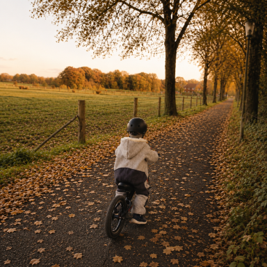 Wollwalk Overall für Babys und Kinder mit Schutzfunktion Kind im Wollwalkn Overall auf einem Laufrad im Herbst.